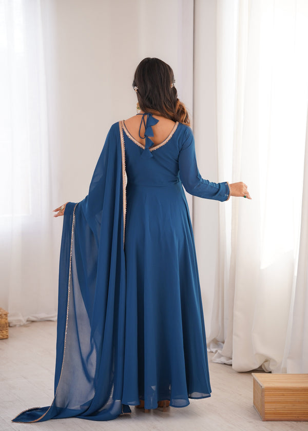 Blue Georgette Gown with Lace Dupatta ClothsVilla