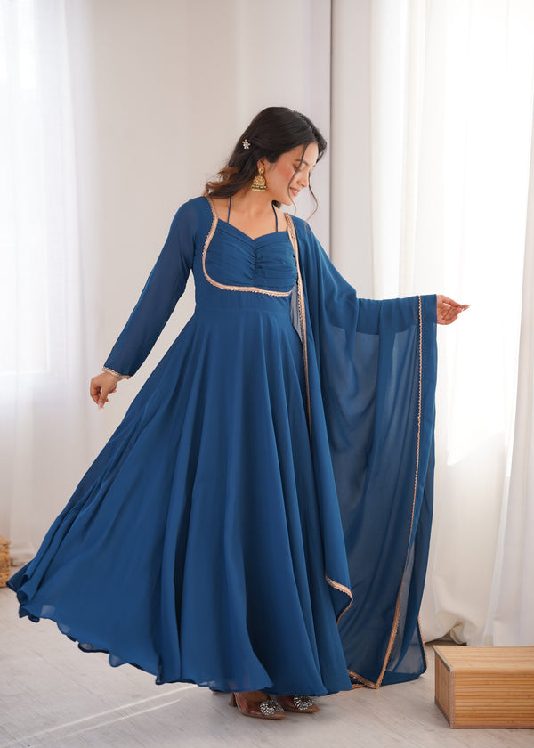 Blue Georgette Gown with Lace Dupatta ClothsVilla