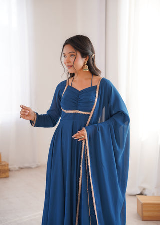 Blue Georgette Gown with Lace Dupatta ClothsVilla