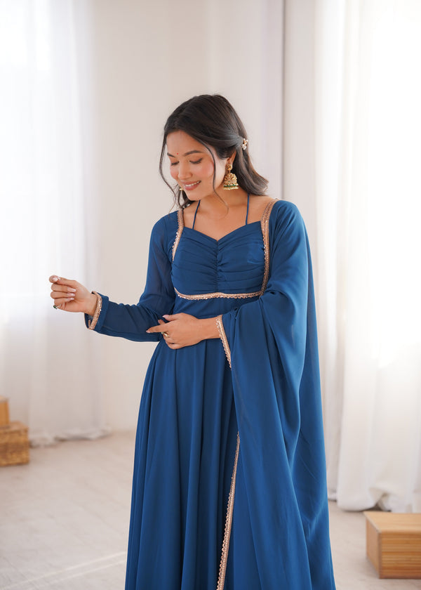 Blue Georgette Gown with Lace Dupatta ClothsVilla
