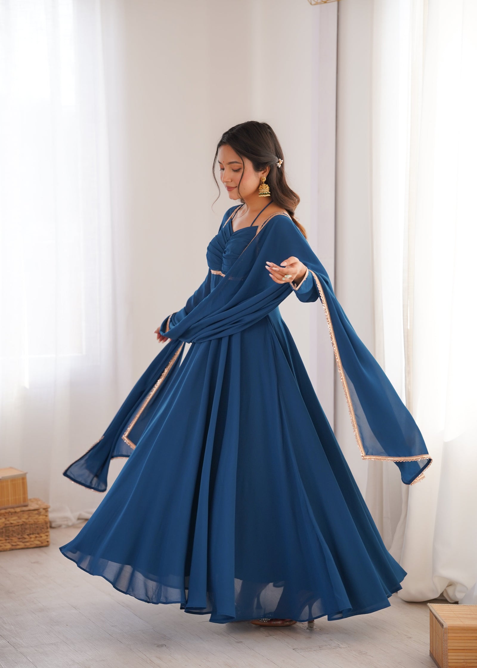 Blue Georgette Gown with Lace Dupatta ClothsVilla