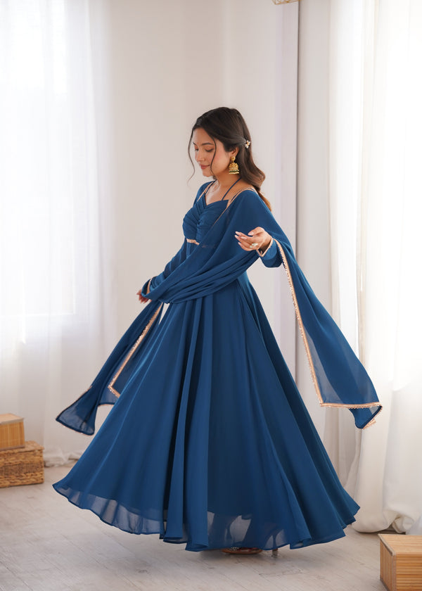 Blue Georgette Gown with Lace Dupatta ClothsVilla
