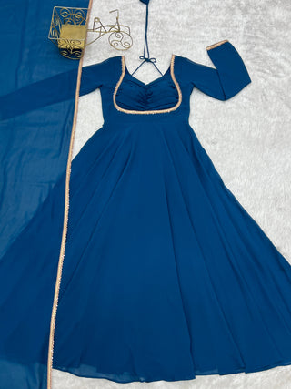 Blue Georgette Gown with Lace Dupatta ClothsVilla