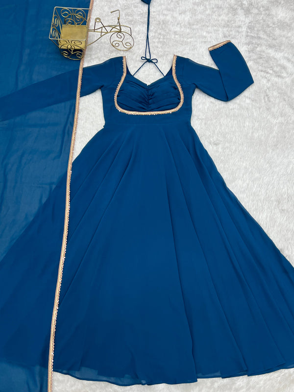 Blue Georgette Gown with Lace Dupatta ClothsVilla