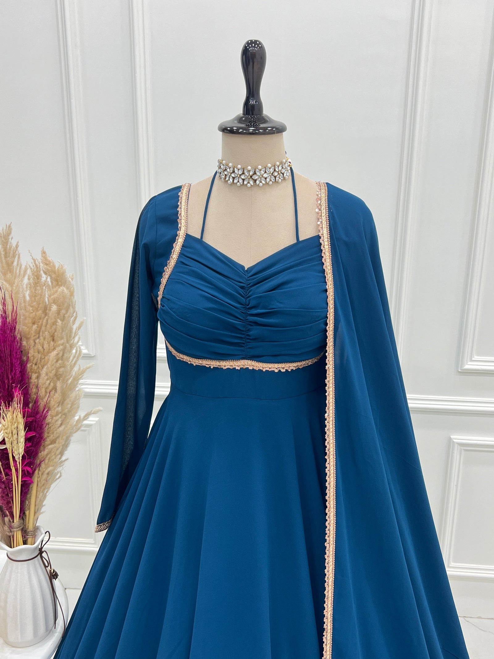 Blue Georgette Gown with Lace Dupatta ClothsVilla