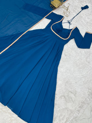 Blue Georgette Gown with Lace Dupatta ClothsVilla
