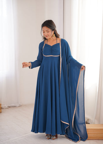Blue Georgette Gown with Lace Dupatta ClothsVilla