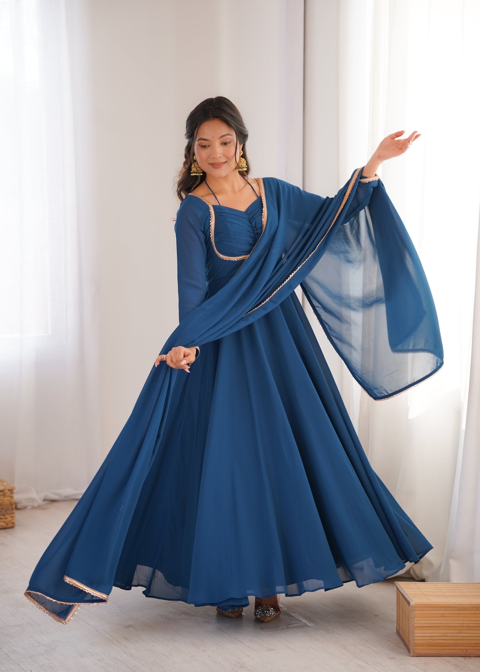 Blue Georgette Gown with Lace Dupatta ClothsVilla