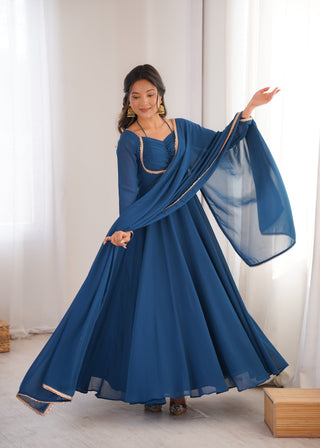 Blue Georgette Gown with Lace Dupatta ClothsVilla