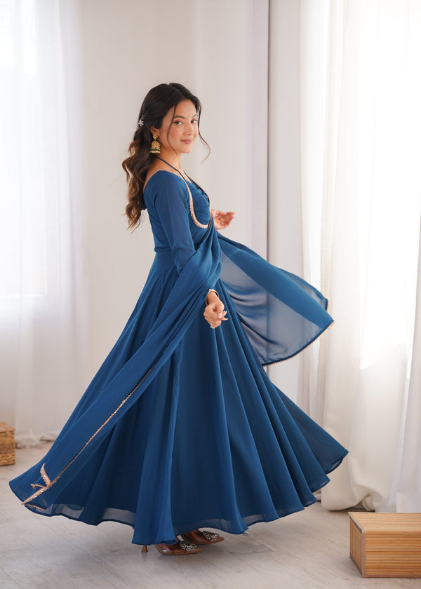 Blue Georgette Gown with Lace Dupatta ClothsVilla