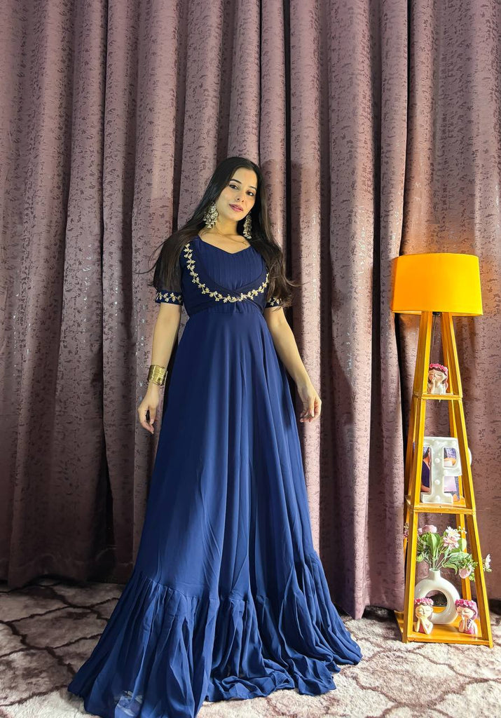 Blue Georgette Ruffle Gown with Removable Net Koti – Festive Wear Collection ClothsVilla