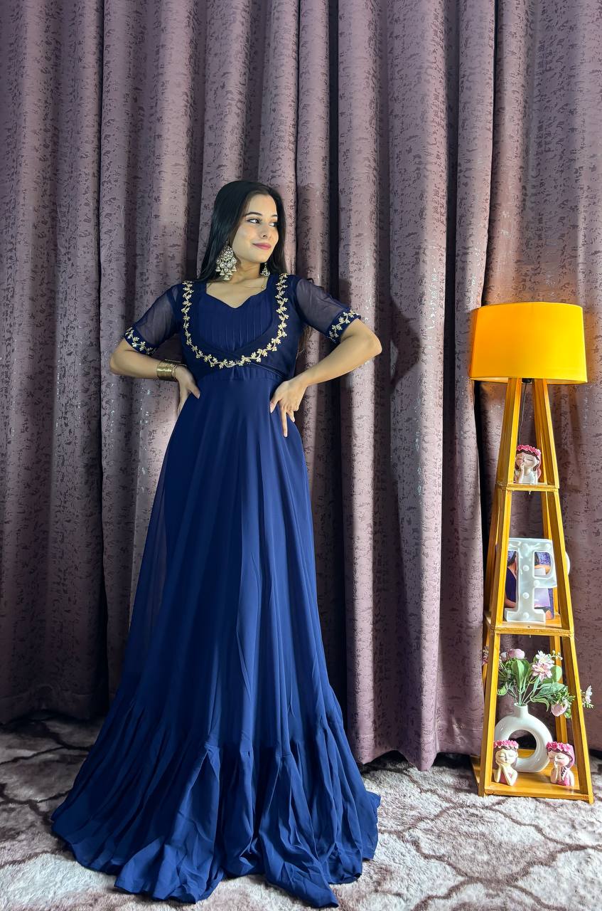Blue Georgette Ruffle Gown with Removable Net Koti – Festive Wear Collection ClothsVilla Main image