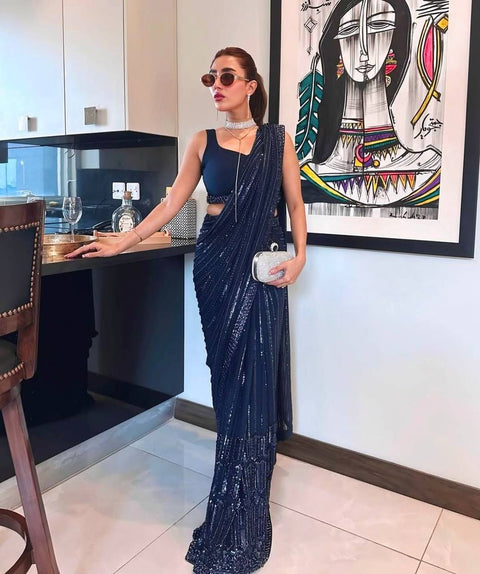 Blue Georgette Saree with Sequins, Thread & Dori Work with Japan Satin Blouse Piece ClothsVilla Main image