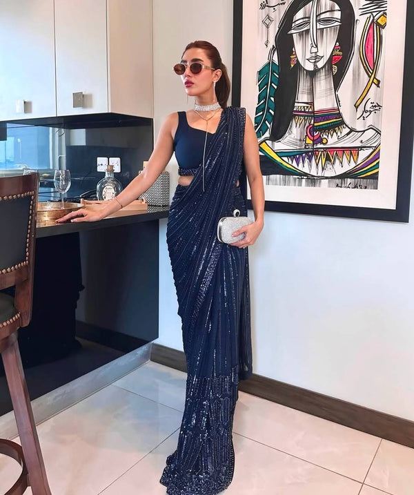 Blue Georgette Saree with Sequins, Thread & Dori Work with Japan Satin Blouse Piece ClothsVilla