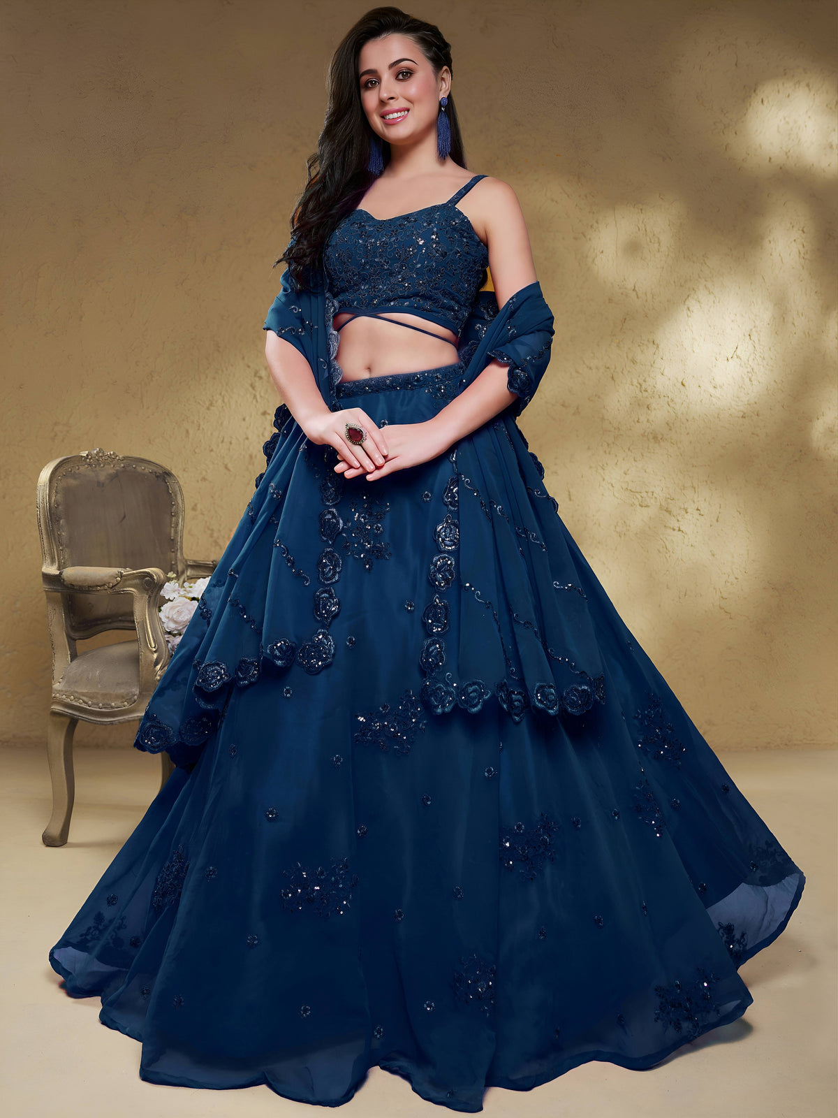 Georgette Zari, Sequin & Dori Embroidered Semi-Stitched Lehenga Choli Clothsvilla