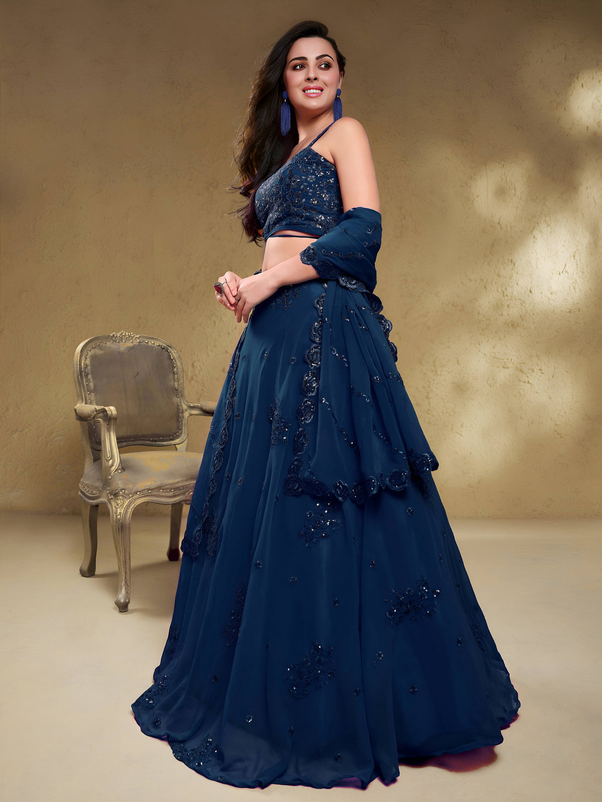 Georgette Zari, Sequin & Dori Embroidered Semi-Stitched Lehenga Choli Clothsvilla