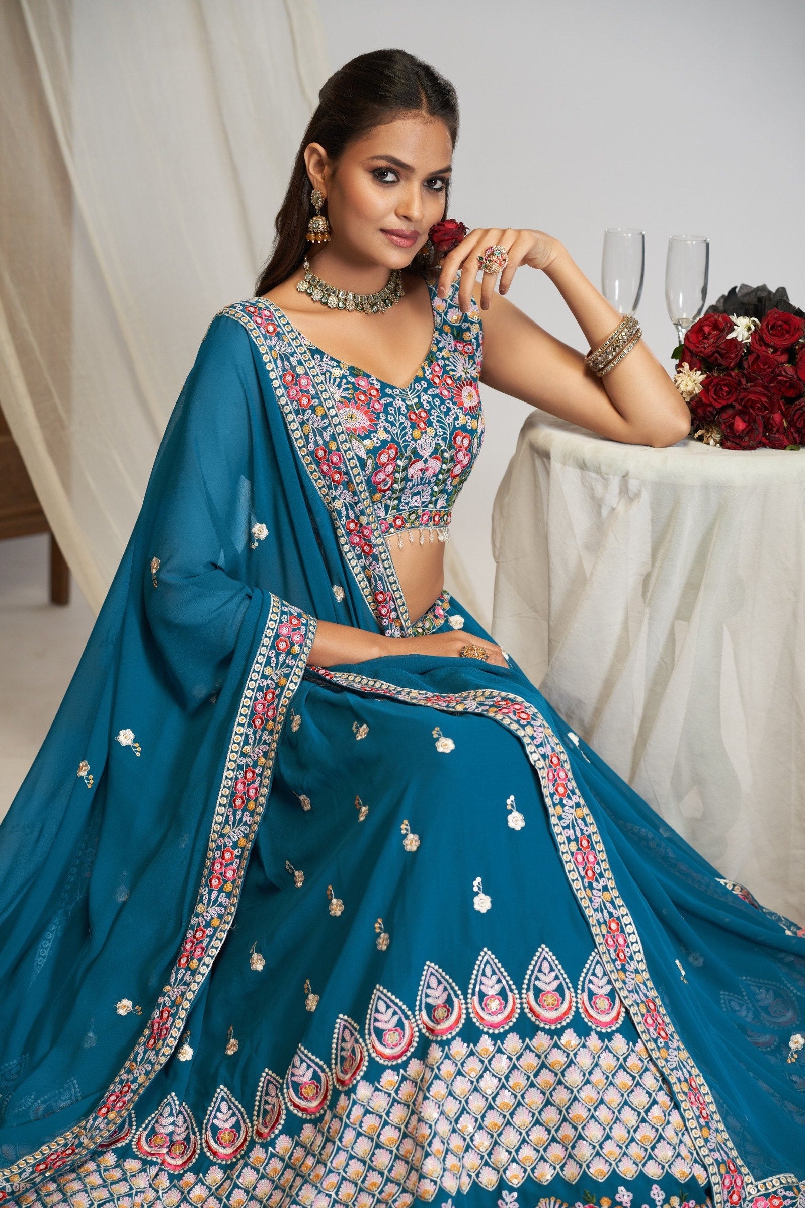 Blue Georgette Zari & Sequin Lehenga Set ClothsVilla