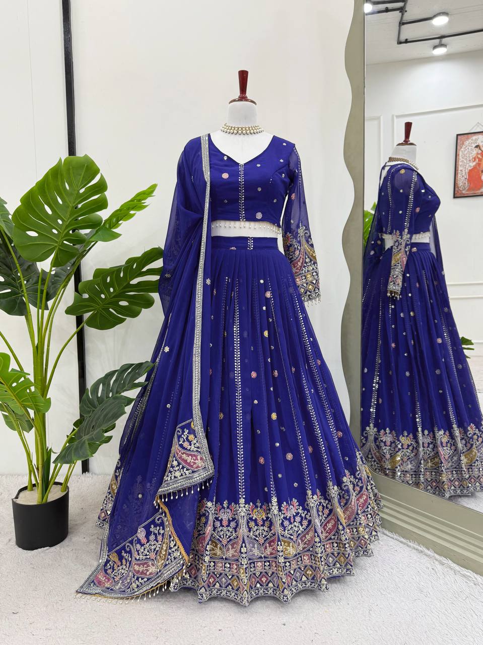 Blue Glamorous Faux Georgette Lehenga Set with Sequins & Thread Embroidery ClothsVilla Main image