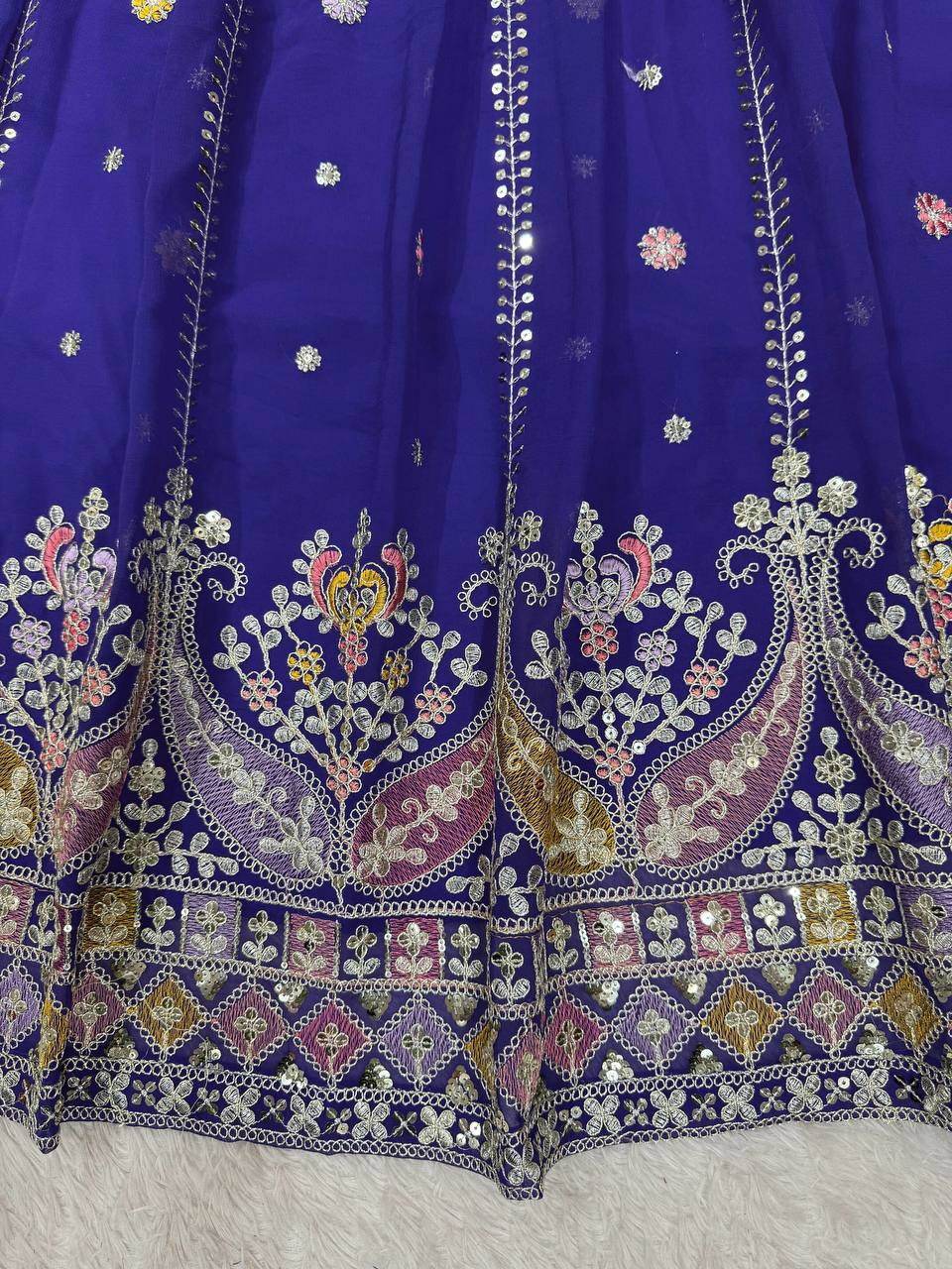 Blue Glamorous Faux Georgette Lehenga Set with Sequins & Thread Embroidery ClothsVilla