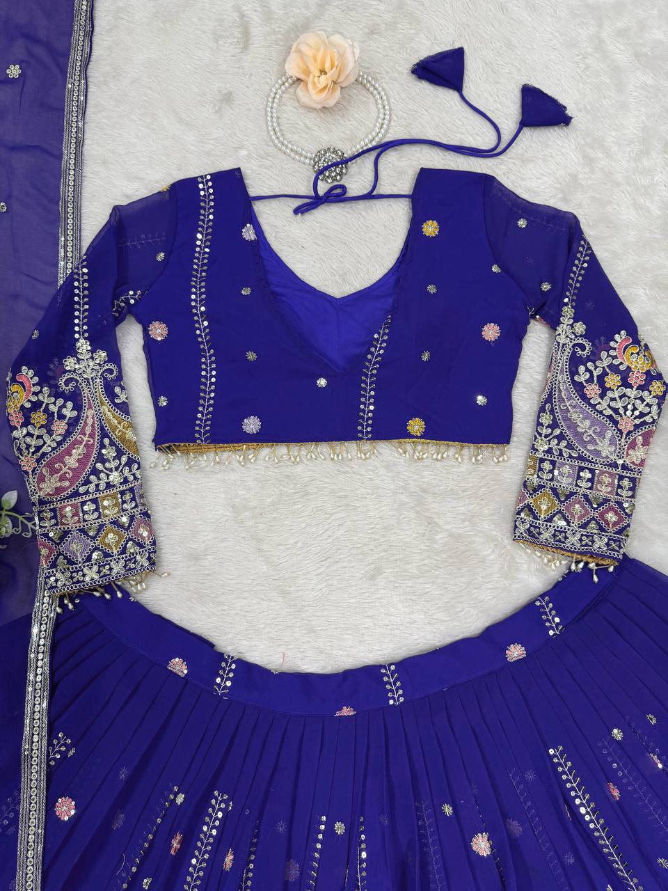Blue Glamorous Faux Georgette Lehenga Set with Sequins & Thread Embroidery ClothsVilla