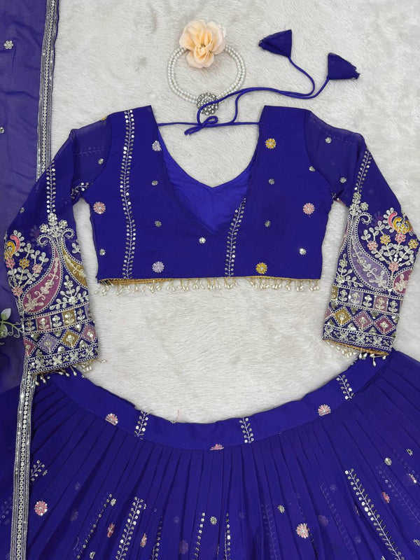 Blue Glamorous Faux Georgette Lehenga Set with Sequins & Thread Embroidery ClothsVilla