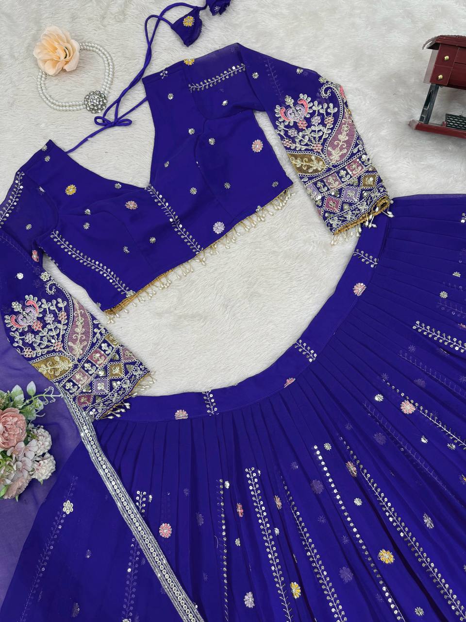 Blue Glamorous Faux Georgette Lehenga Set with Sequins & Thread Embroidery ClothsVilla