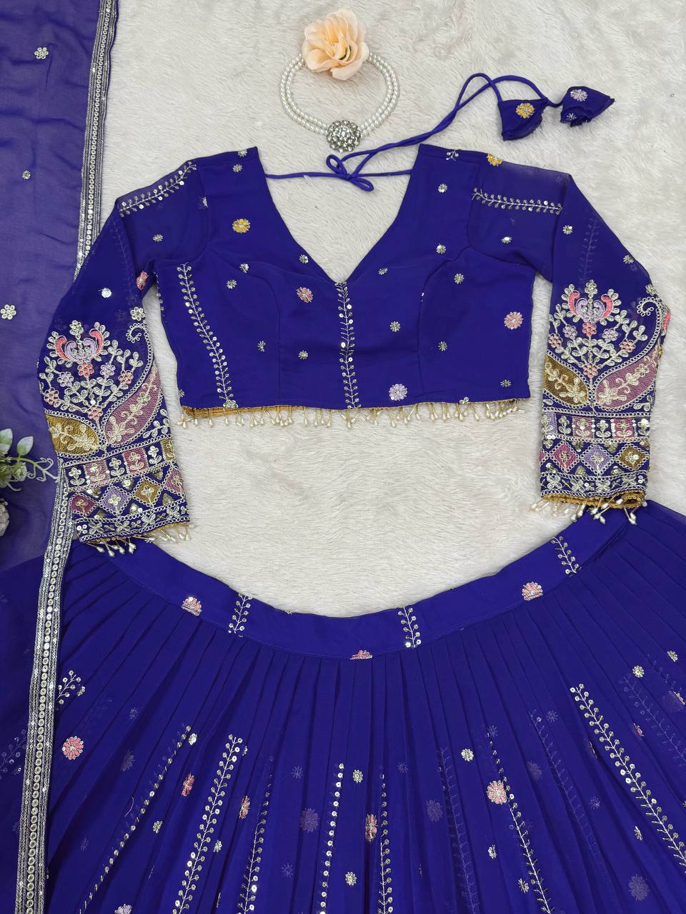 Blue Glamorous Faux Georgette Lehenga Set with Sequins & Thread Embroidery ClothsVilla