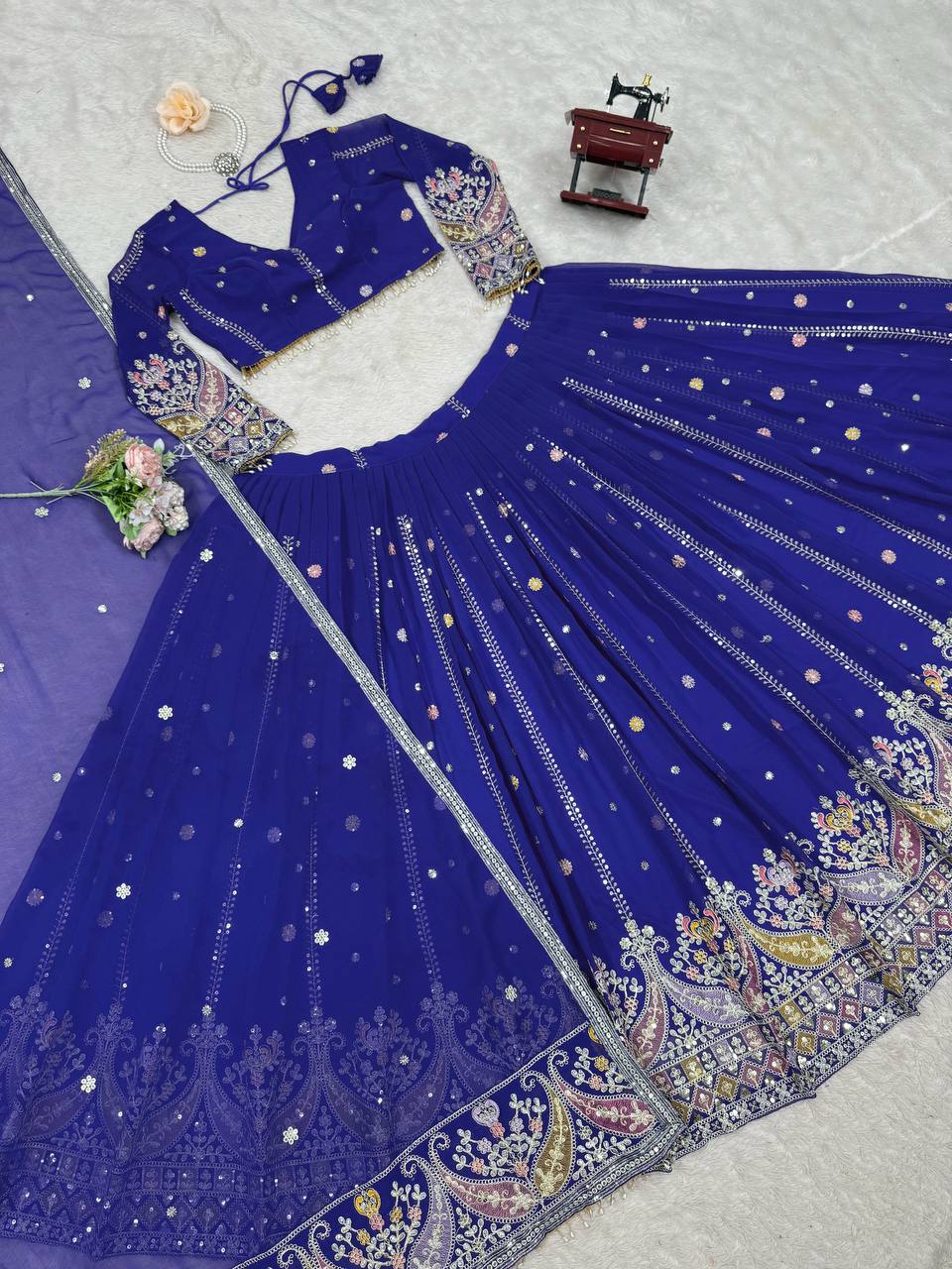 Blue Glamorous Faux Georgette Lehenga Set with Sequins & Thread Embroidery ClothsVilla