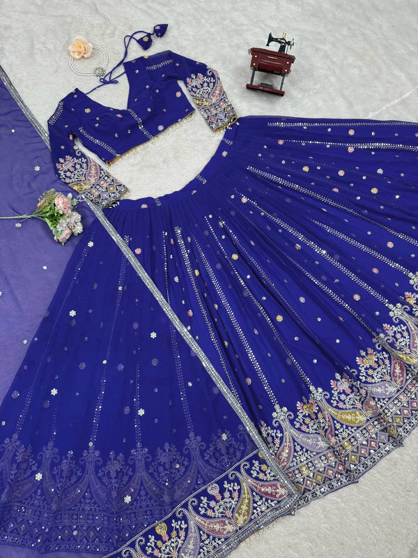 Blue Glamorous Faux Georgette Lehenga Set with Sequins & Thread Embroidery ClothsVilla