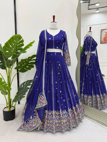 Blue Glamorous Faux Georgette Lehenga Set with Sequins & Thread Embroidery ClothsVilla