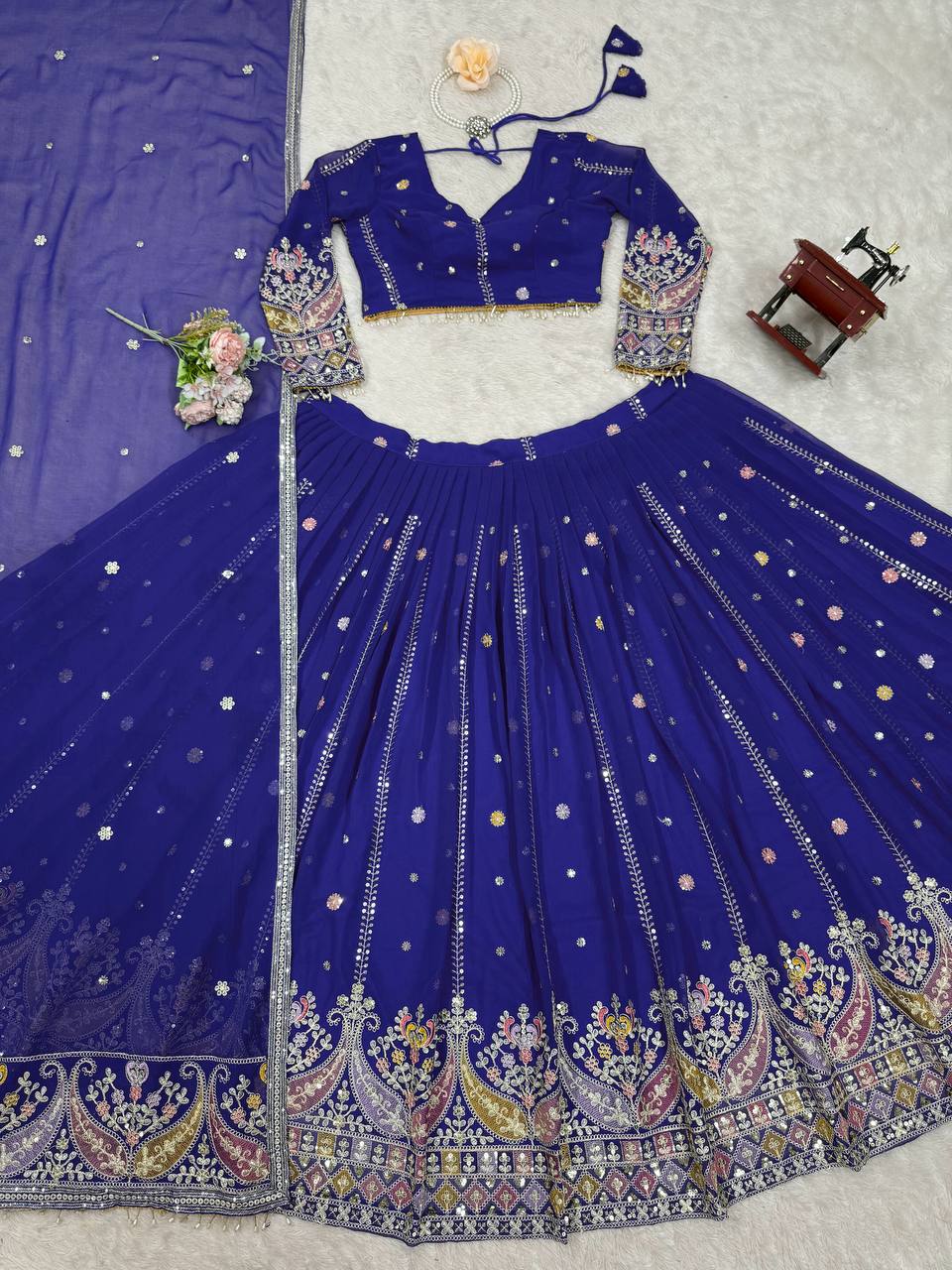 Blue Glamorous Faux Georgette Lehenga Set with Sequins & Thread Embroidery ClothsVilla