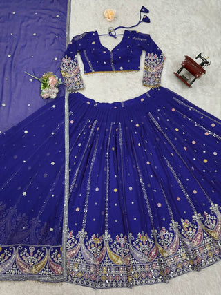 Blue Glamorous Faux Georgette Lehenga Set with Sequins & Thread Embroidery ClothsVilla