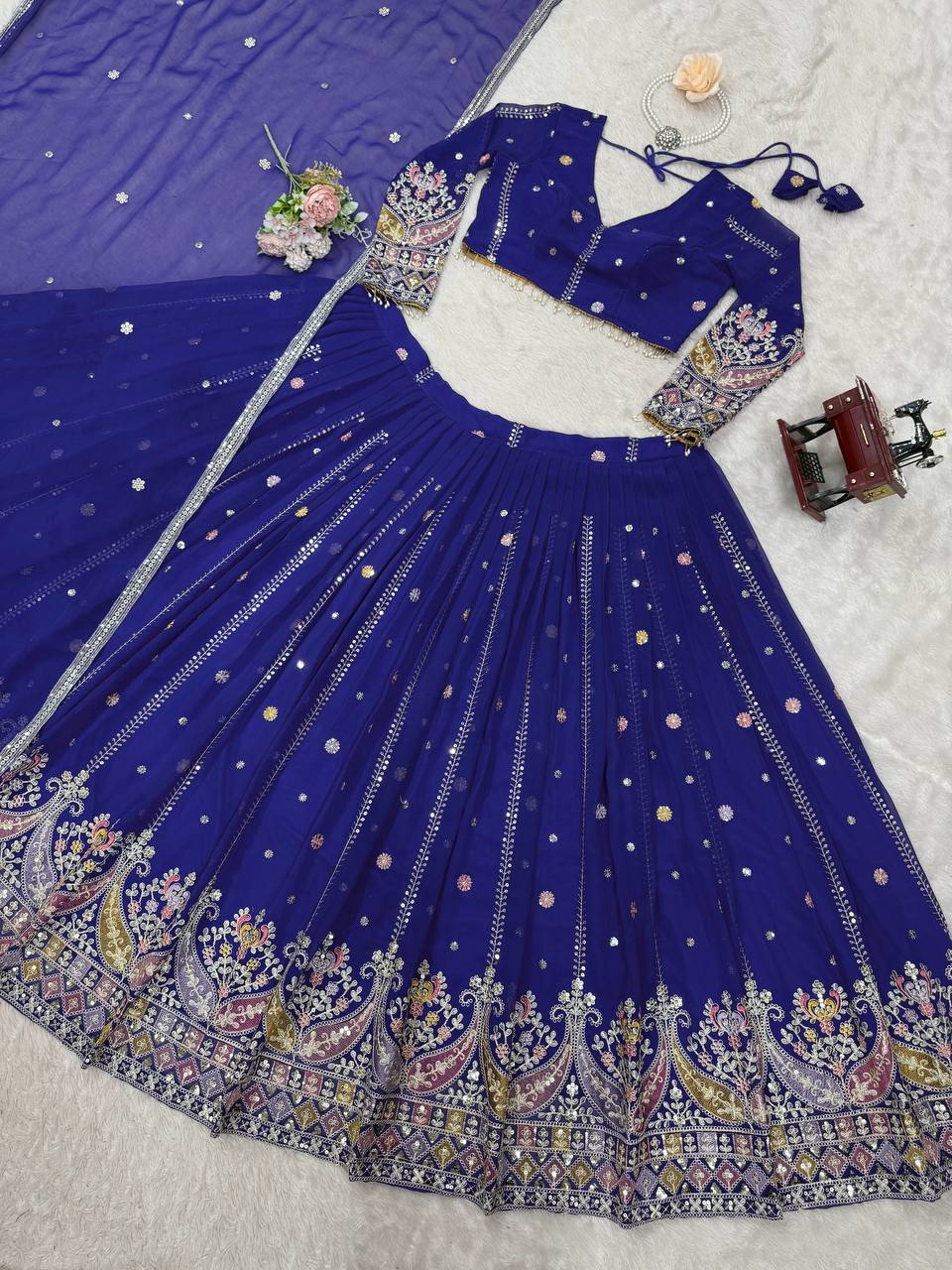 Blue Glamorous Faux Georgette Lehenga Set with Sequins & Thread Embroidery ClothsVilla