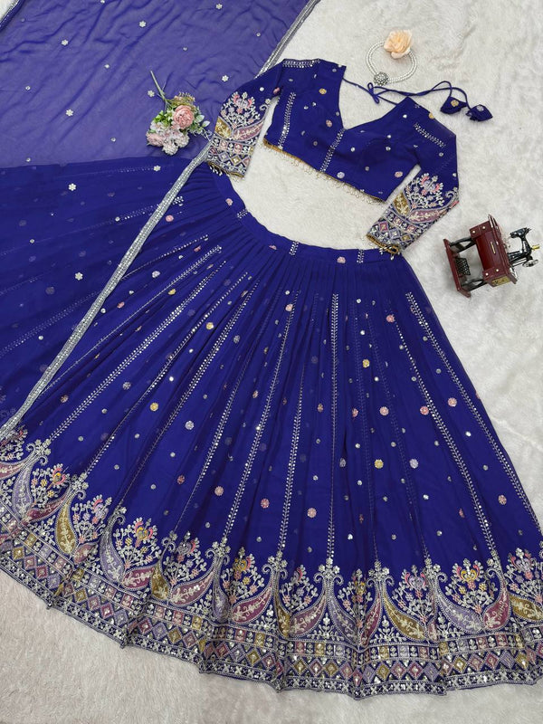 Blue Glamorous Faux Georgette Lehenga Set with Sequins & Thread Embroidery ClothsVilla