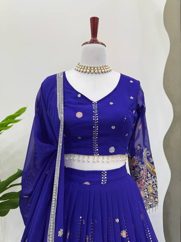 Blue Glamorous Faux Georgette Lehenga Set with Sequins & Thread Embroidery ClothsVilla