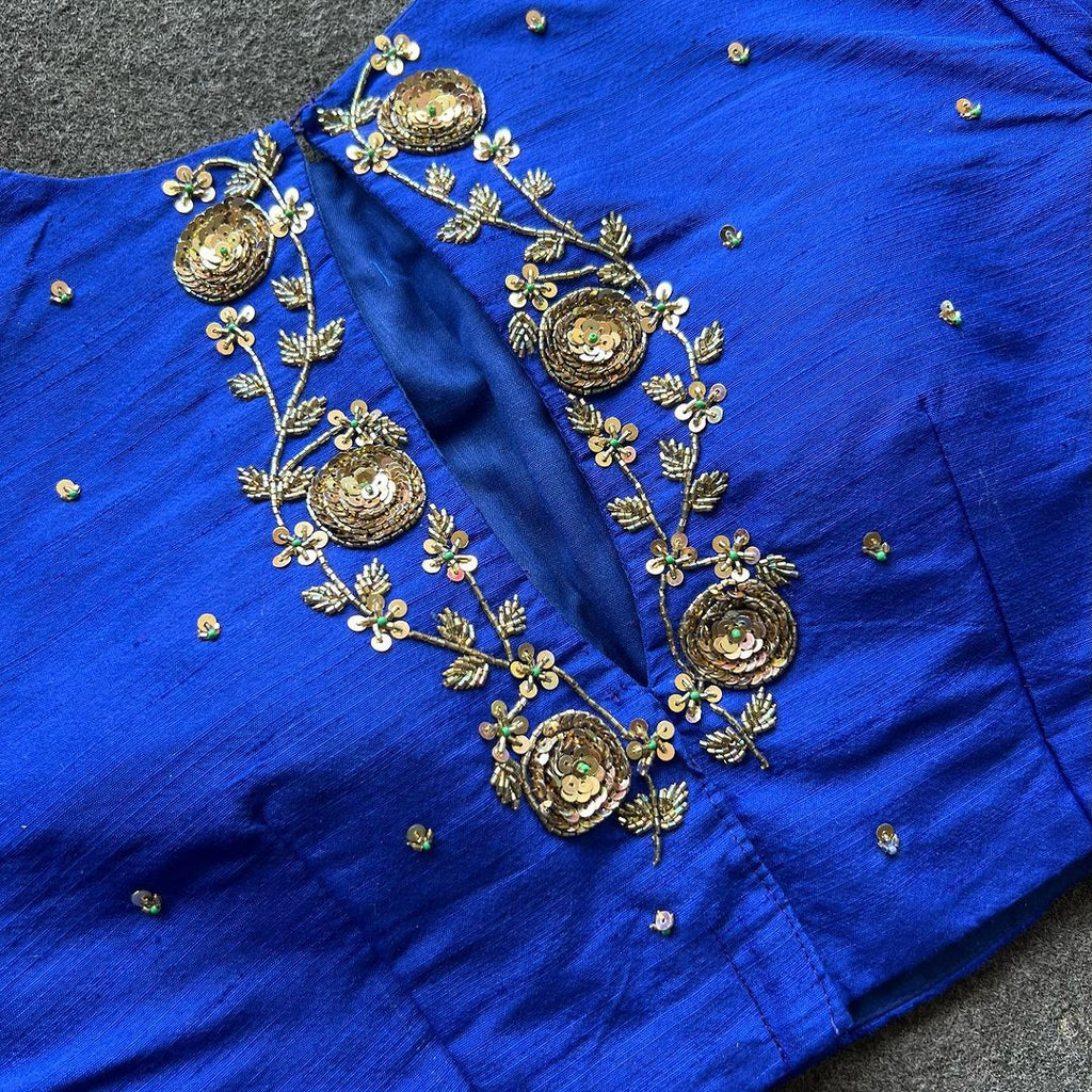 Blue Golden Elegance: Handcrafted Elzara Silk Blouse ClothsVilla