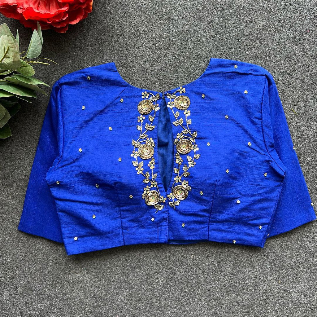 Blue Golden Elegance: Handcrafted Elzara Silk Blouse ClothsVilla