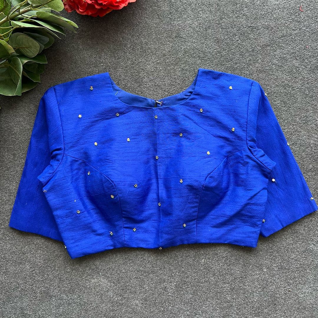 Blue and Golden Designer Blouse with Elbow Sleeves with Back Closer