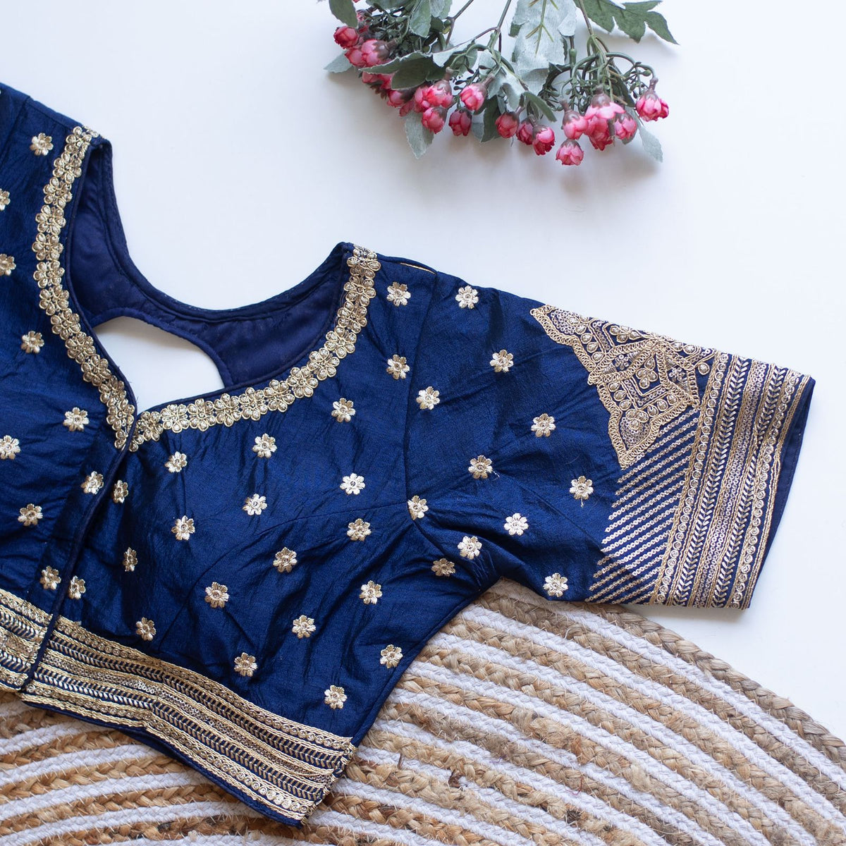 Blue Golden Embroidered Blouse with Sequins – Caterpillar Silk Elegance ClothsVilla Main image