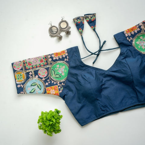 Blue Golden Embroidered Blouse with Sequins on Seoul Silk Sleeves ClothsVilla Main image