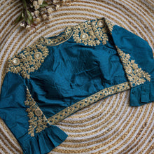 Load image into Gallery viewer, Blue Golden Sequence Embroidered Blouse in glossy silk ClothsVilla