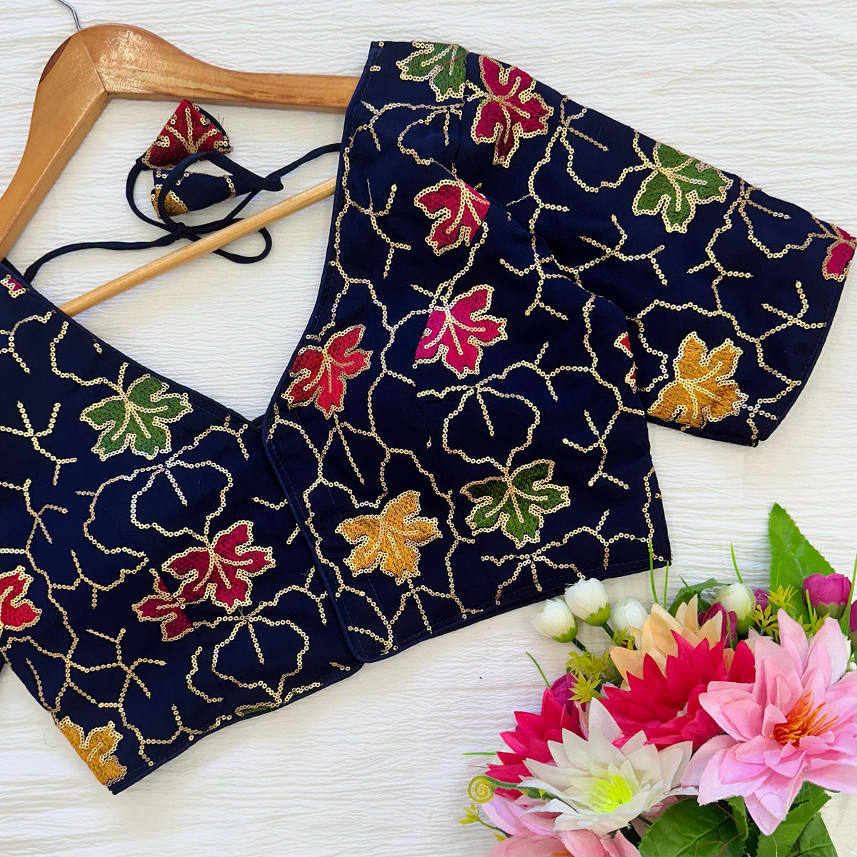 Blue Golden Sequined Blouse with Colorful Embroidery in Georgette Silk ClothsVilla Main image