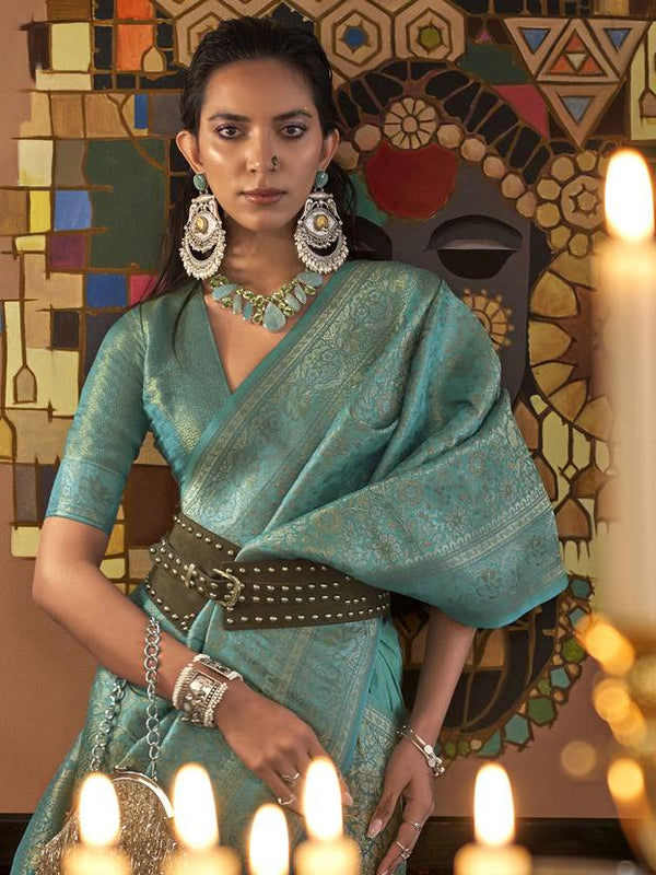 Blue Graceful Kanjivaram Silk Blend Saree – Woven Design ClothsVilla