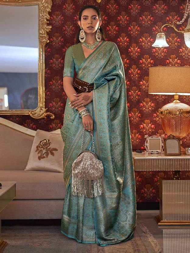 Blue Graceful Kanjivaram Silk Blend Saree – Woven Design ClothsVilla