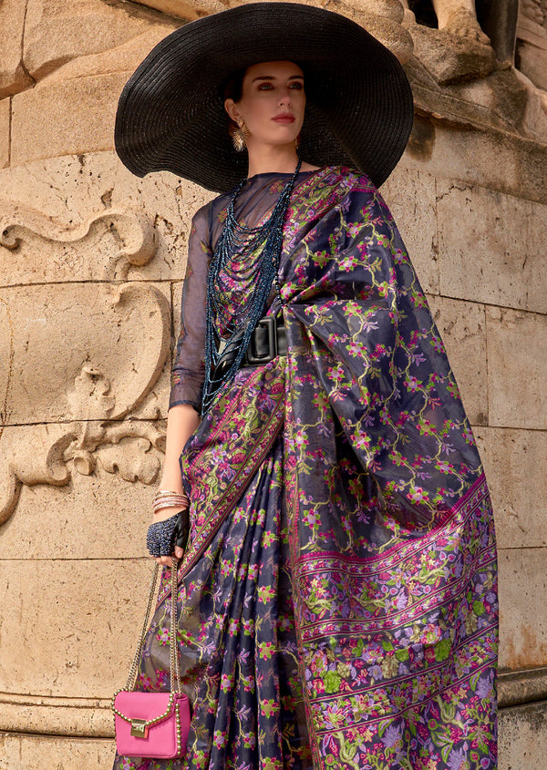 Blue Graceful Organza Silk Parsi Handloom Weaving Saree with Blouse Piece ClothsVilla