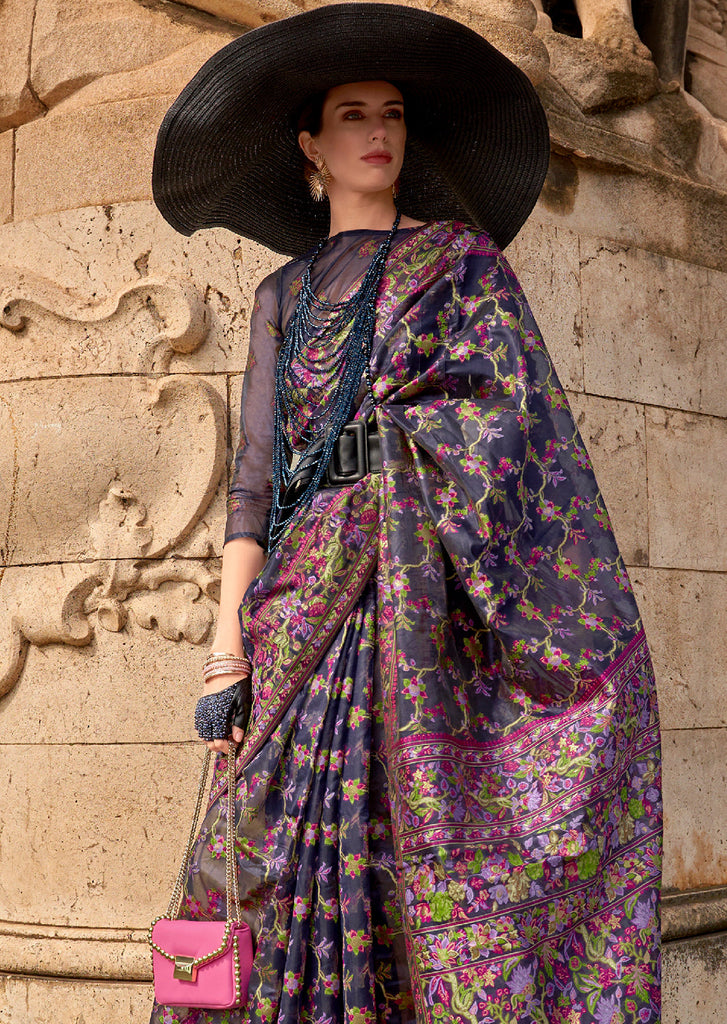 Blue Graceful Organza Silk Parsi Handloom Weaving Saree with Blouse Piece ClothsVilla