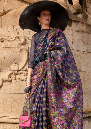 Blue Graceful Organza Silk Parsi Handloom Weaving Saree with Blouse Piece ClothsVilla