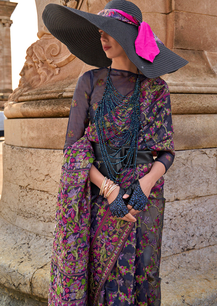 Blue Graceful Organza Silk Parsi Handloom Weaving Saree with Blouse Piece ClothsVilla