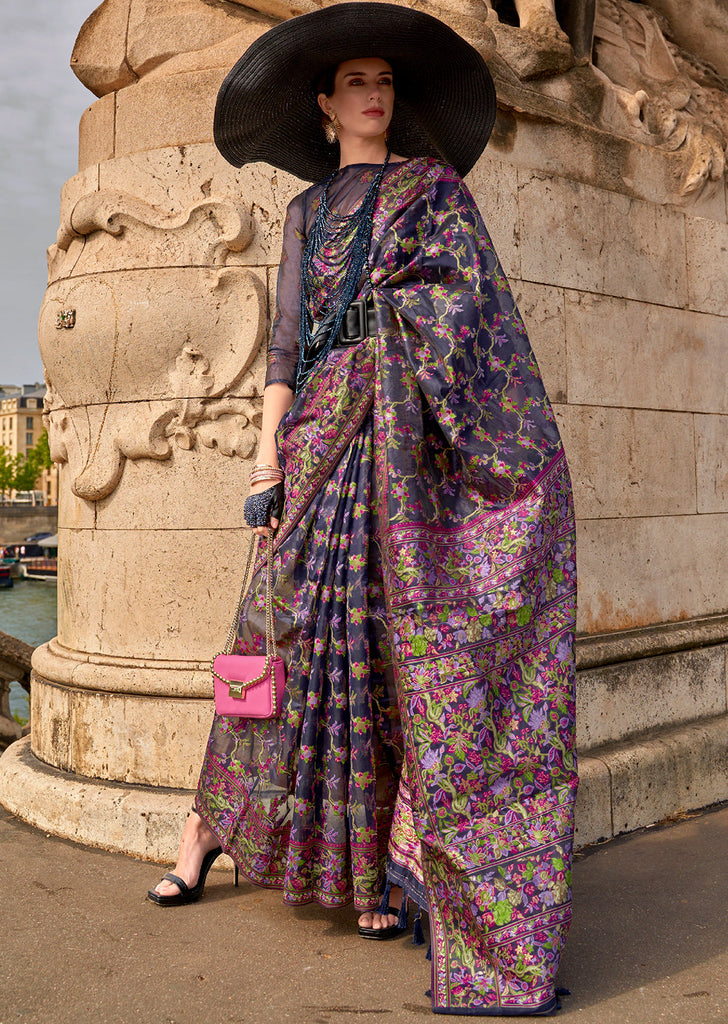 Blue Graceful Organza Silk Parsi Handloom Weaving Saree with Blouse Piece ClothsVilla