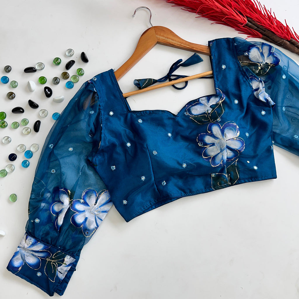 Blue Hand-Painted Organza Silk Blouse with Embroidery Accents ClothsVilla